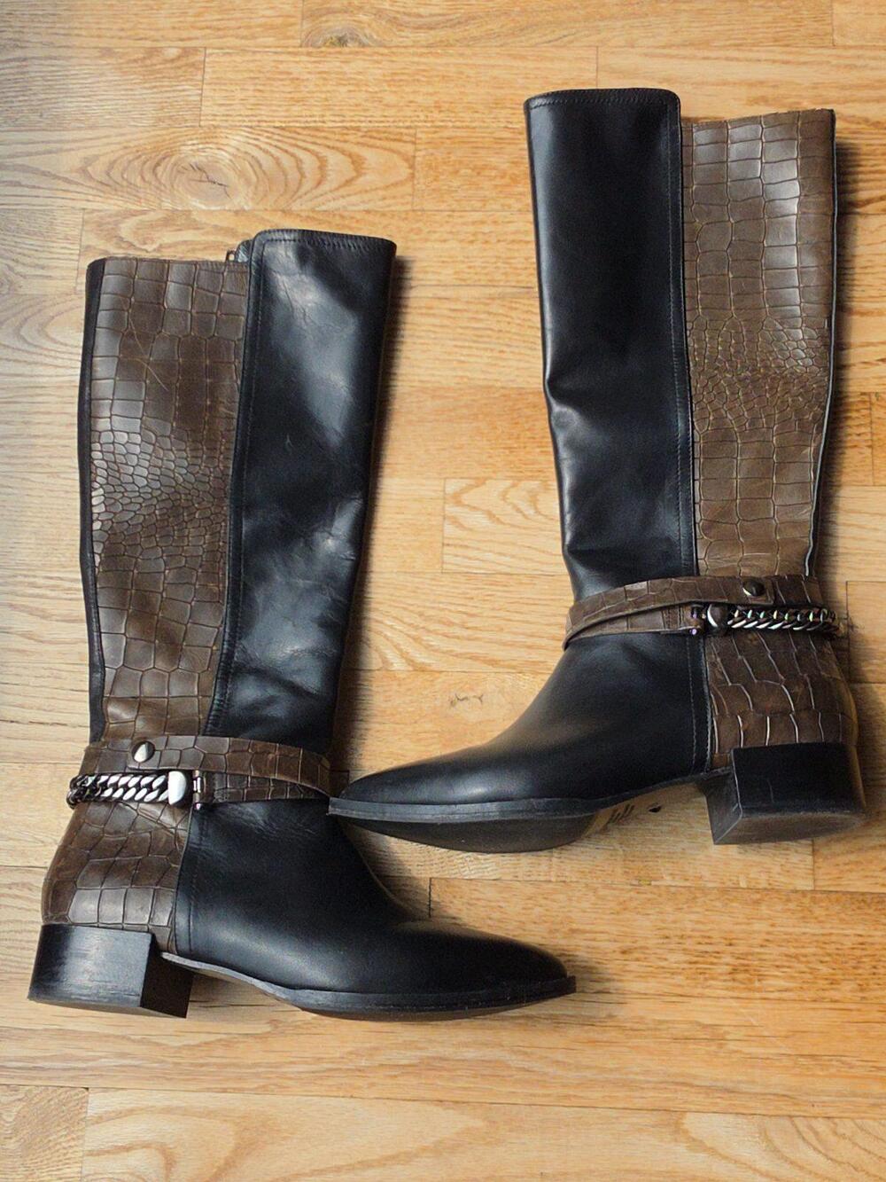 (9) NAPOLEONI Knee-High Leather Crocodile Black Brown Boots Fall Luxury Classic